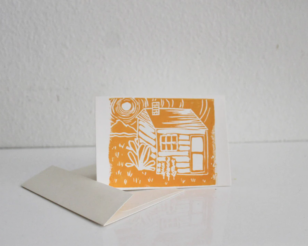 block print mini card - cabin