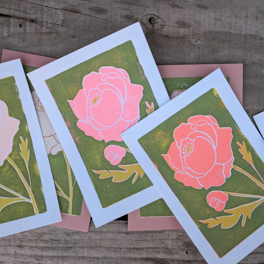 block print card - peony