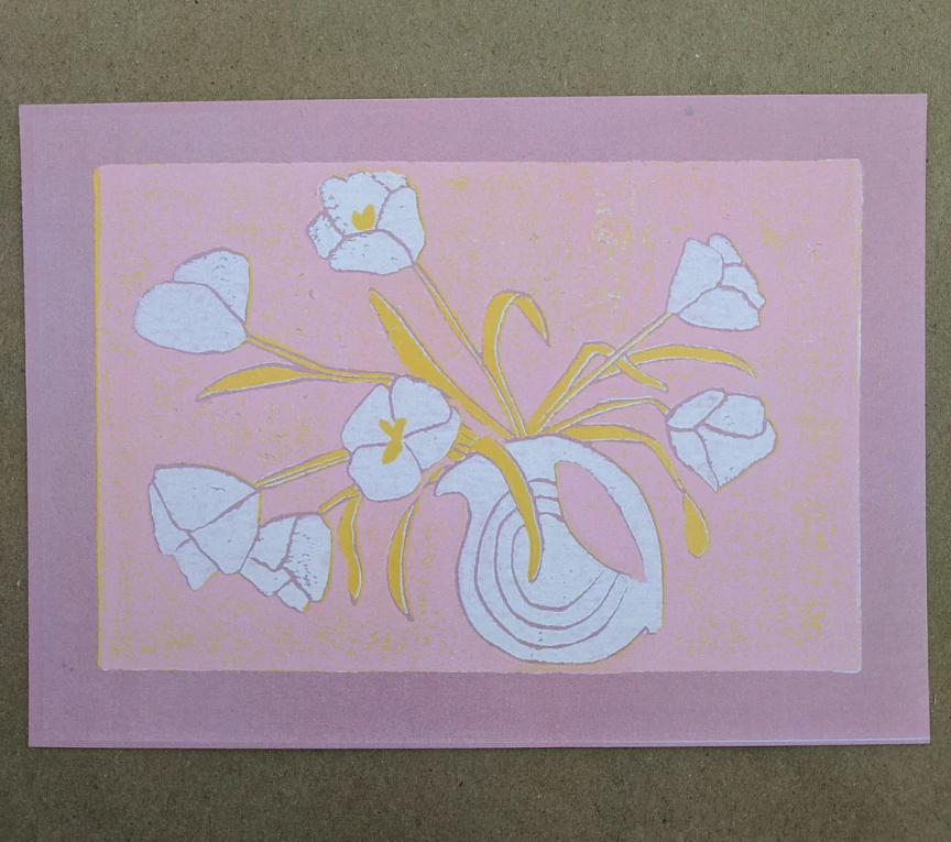 block print card - tulip on pink