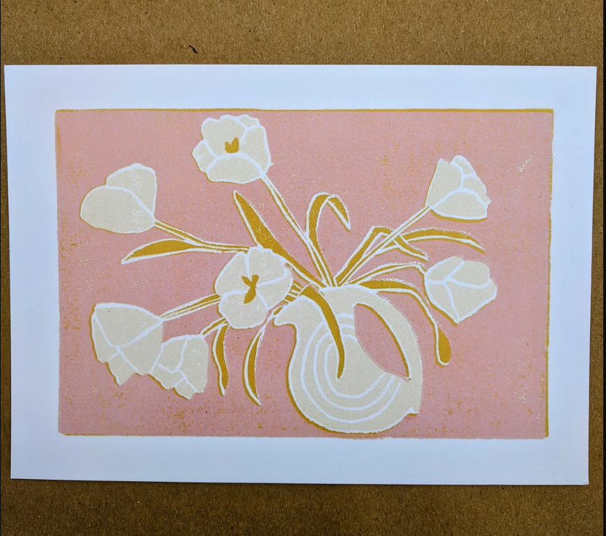 block print card - tulip on white